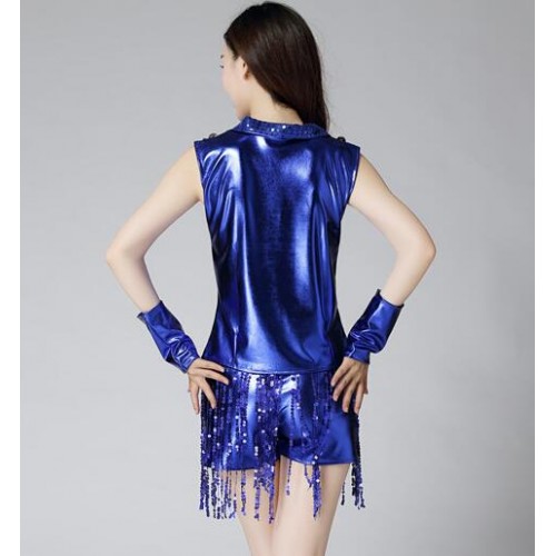 Modern dance outfits for women girls red pink blue silver sequined jazz singers team dancers hiphop cheerleader performance costumes outfits